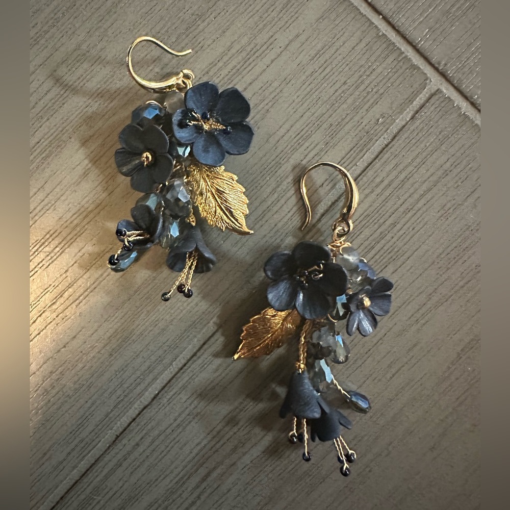 Gold & Navy Floral Earrings